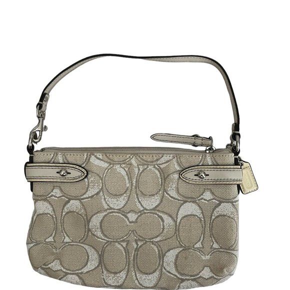 Coach Outline Clutch Wristlet Canvas Leather Stripe Cream Silver Trim - Picture 2 of 5